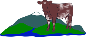 Logo. Cow standing on verdant hills by a stream.